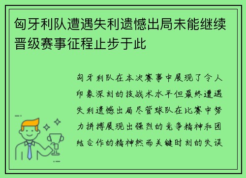 匈牙利队遭遇失利遗憾出局未能继续晋级赛事征程止步于此