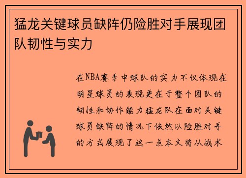 猛龙关键球员缺阵仍险胜对手展现团队韧性与实力