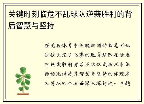 关键时刻临危不乱球队逆袭胜利的背后智慧与坚持