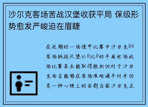 沙尔克客场苦战汉堡收获平局 保级形势愈发严峻迫在眉睫