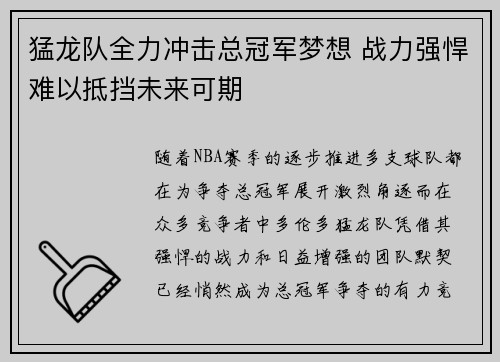猛龙队全力冲击总冠军梦想 战力强悍难以抵挡未来可期