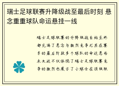 瑞士足球联赛升降级战至最后时刻 悬念重重球队命运悬挂一线