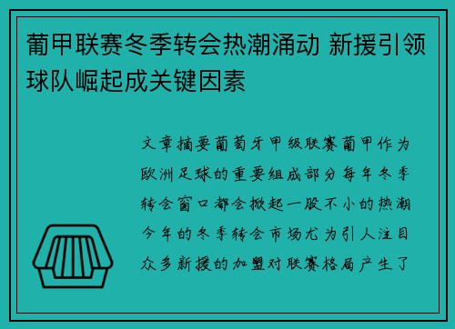 葡甲联赛冬季转会热潮涌动 新援引领球队崛起成关键因素