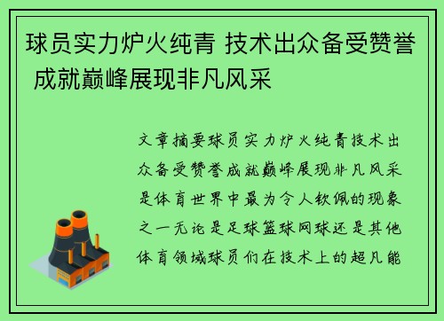 球员实力炉火纯青 技术出众备受赞誉 成就巅峰展现非凡风采