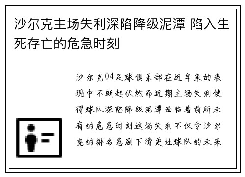 沙尔克主场失利深陷降级泥潭 陷入生死存亡的危急时刻