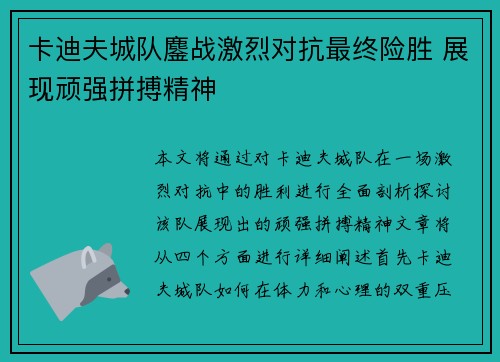 卡迪夫城队鏖战激烈对抗最终险胜 展现顽强拼搏精神