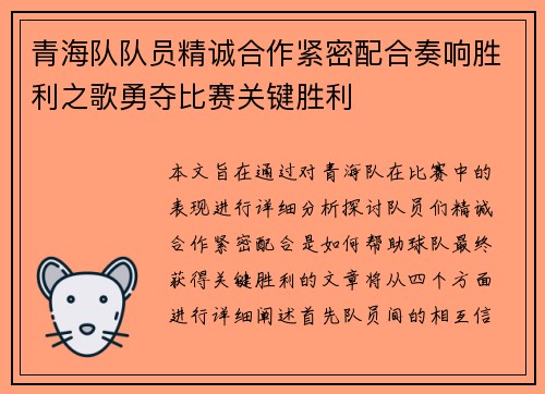 青海队队员精诚合作紧密配合奏响胜利之歌勇夺比赛关键胜利