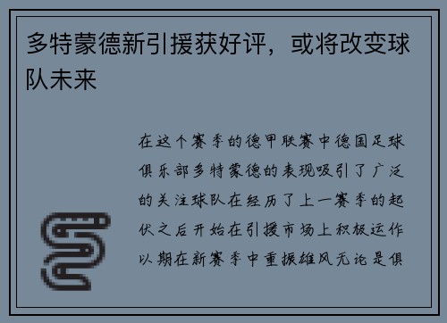多特蒙德新引援获好评，或将改变球队未来