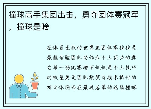 撞球高手集团出击，勇夺团体赛冠军，撞球是啥