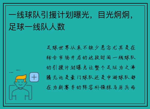 一线球队引援计划曝光，目光炯炯，足球一线队人数