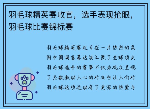羽毛球精英赛收官，选手表现抢眼，羽毛球比赛锦标赛
