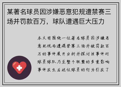 某著名球员因涉嫌恶意犯规遭禁赛三场并罚款百万，球队遭遇巨大压力