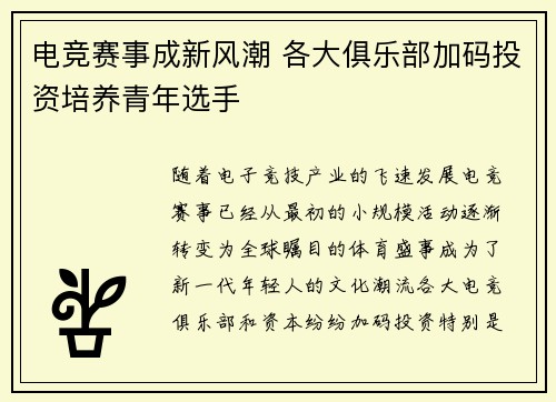 电竞赛事成新风潮 各大俱乐部加码投资培养青年选手