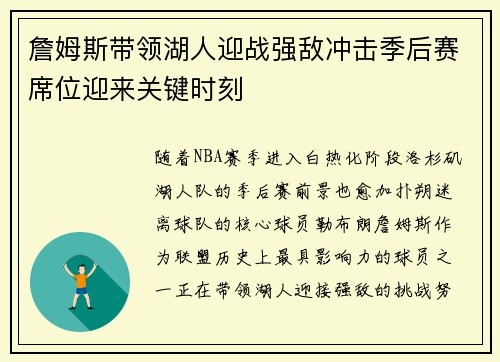 詹姆斯带领湖人迎战强敌冲击季后赛席位迎来关键时刻